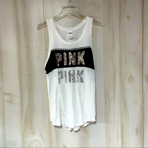 PINK Victoria's Secret Tops - VS PINK Sequin Logo Muscle Tank Black White S